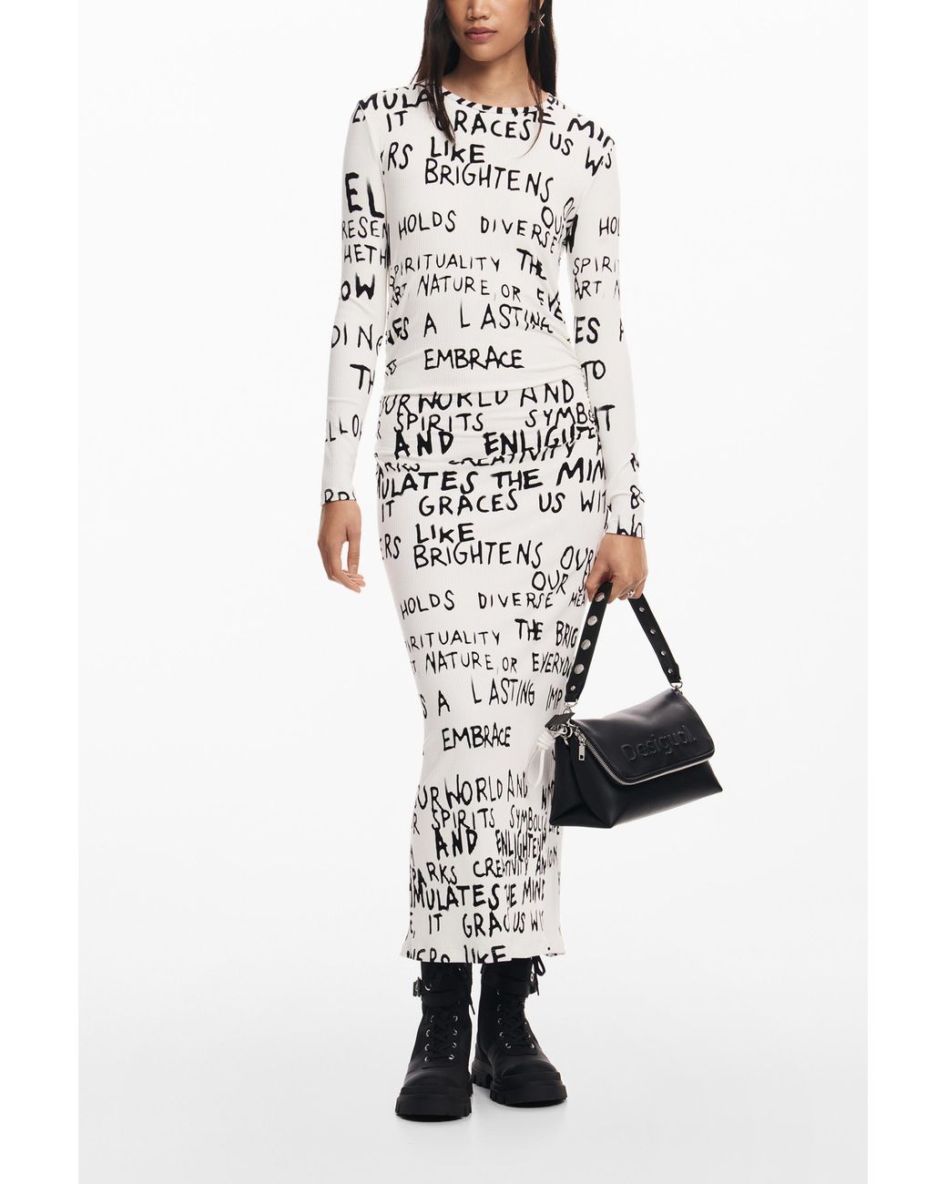 Desigual White Midi Dress With Phrase, Viscose