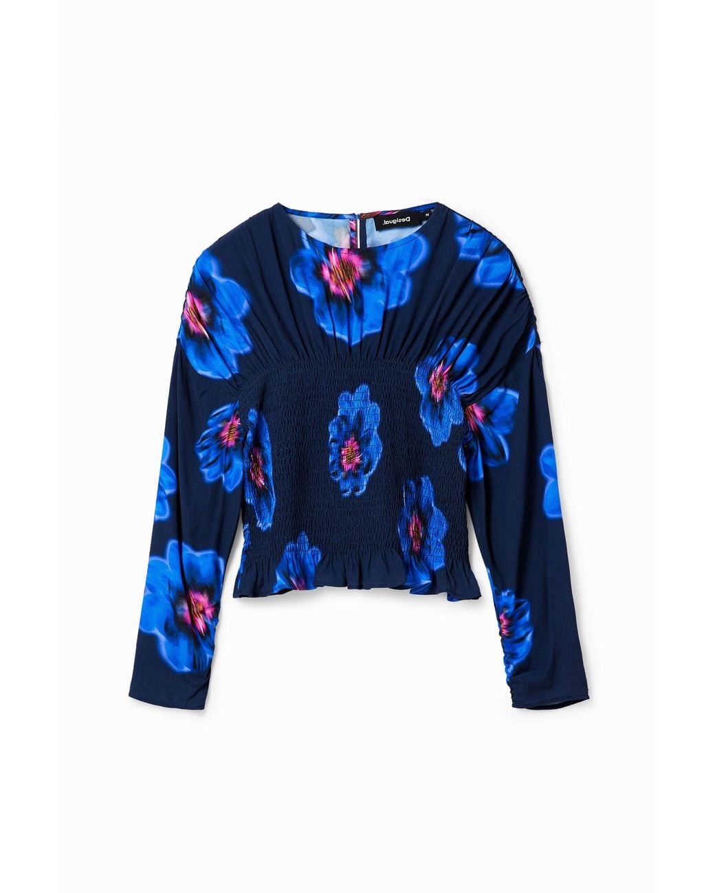 Desigual Blue Floral Ruched Blouse, Viscose
