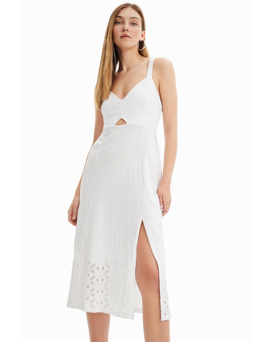 Desigual White Strappy Midi Dress, Cotton