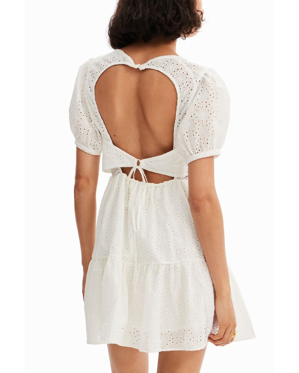 Desigual White Short Swiss Embroidery Dress, Cotton