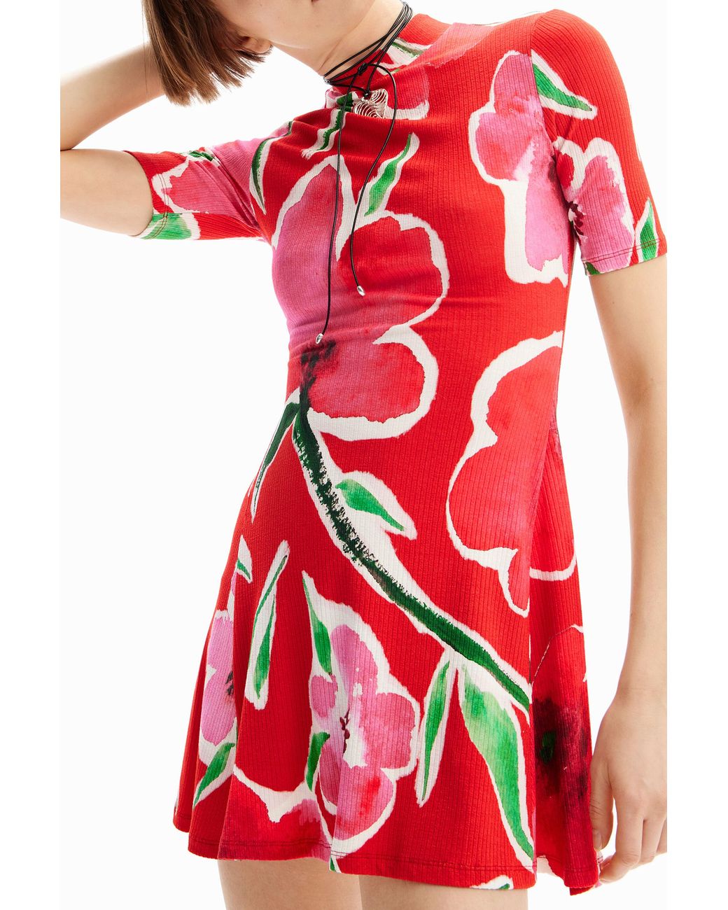 Desigual Red Short Floral Skater Dress, Viscose
