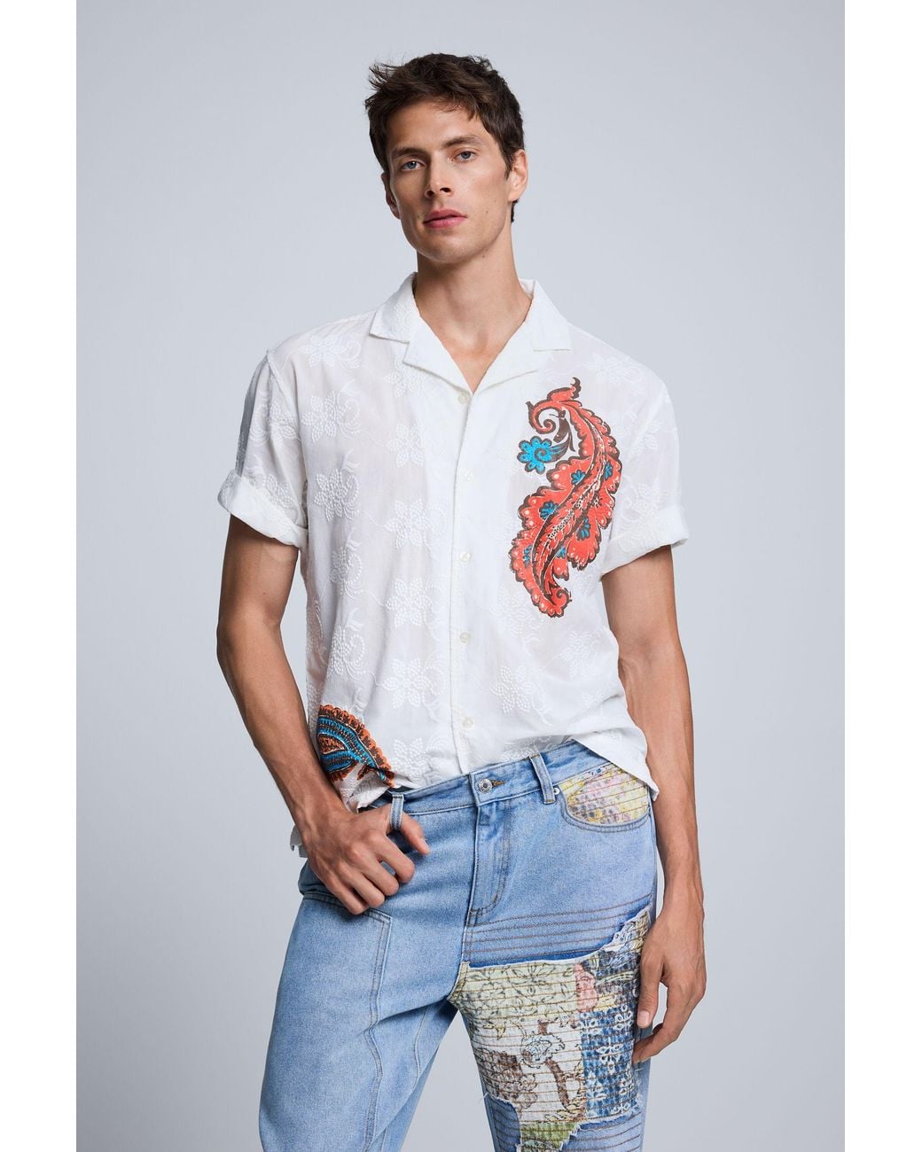 Desigual Blue Straight Printed Jeans, Cotton for men