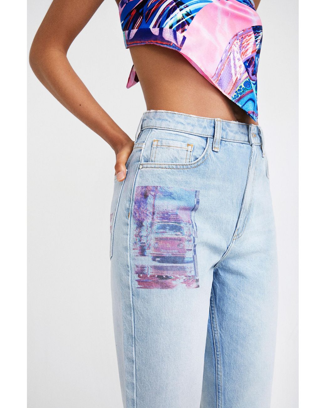 Desigual Blue Straight Cropped Jeans With Patches, Cotton
