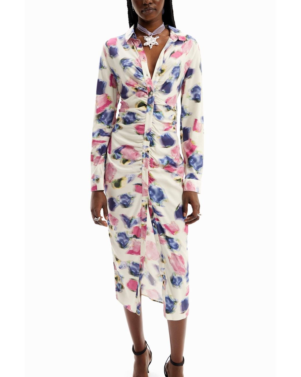 Desigual White Gathered Midi Shirt Dress, Viscose