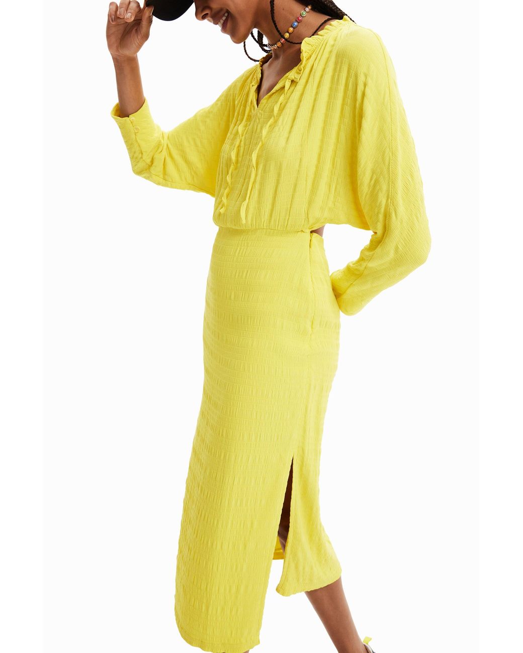 Desigual Yellow Textured Midi Dress, Viscose