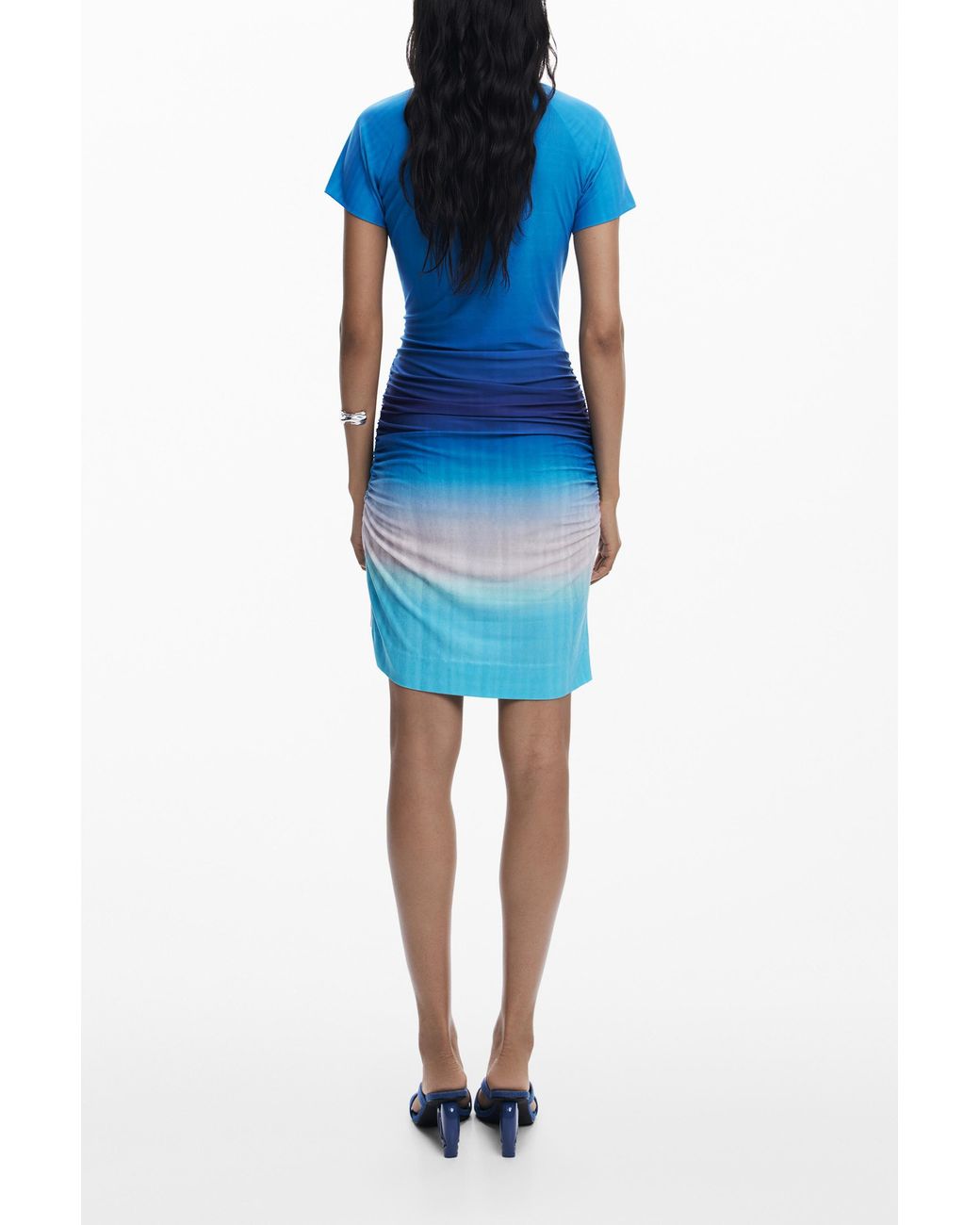 Desigual Blue Short Dress With Draped Skirt, Polyester