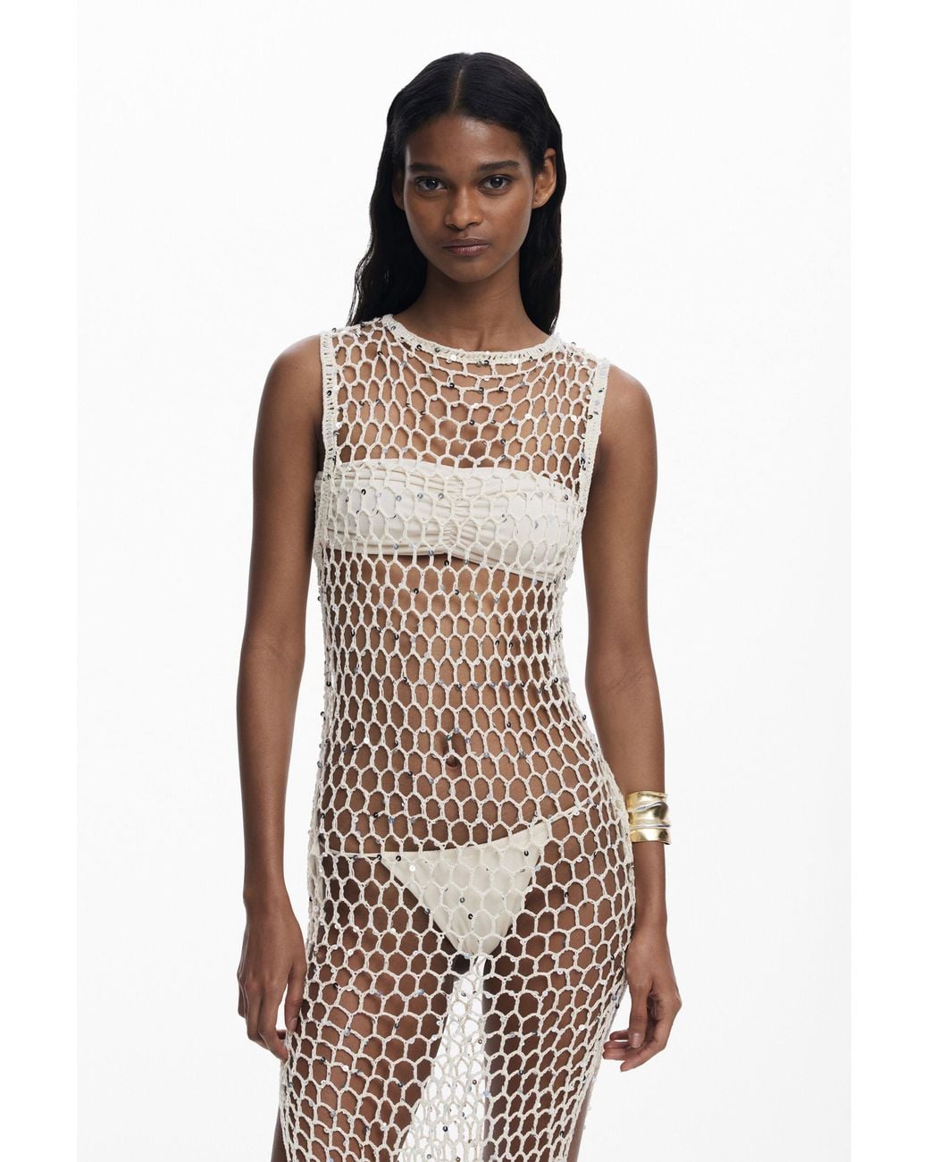 Desigual White Wrap Dress With Net Appliqués, Cotton