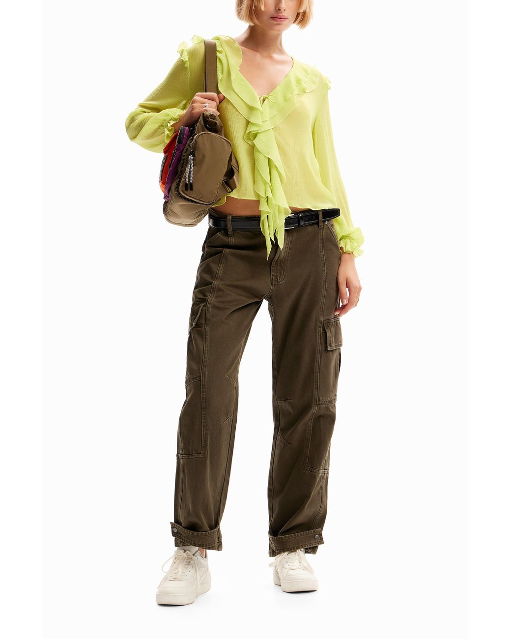 Desigual Yellow Ruffle Tie Blouse, Polyester