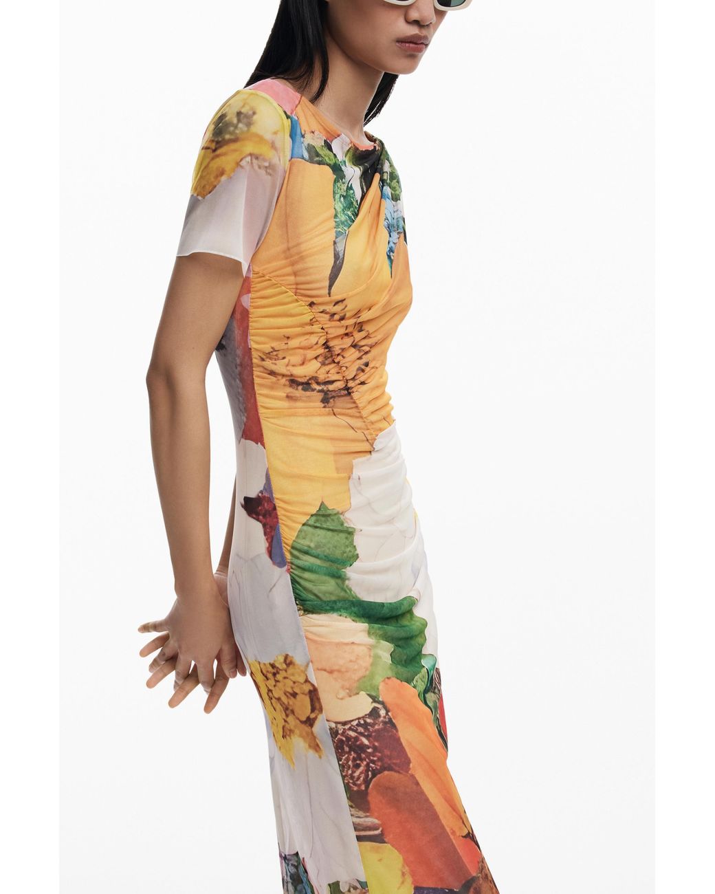 Desigual Orange Midi Tulle Dress With Flowers, Polyester