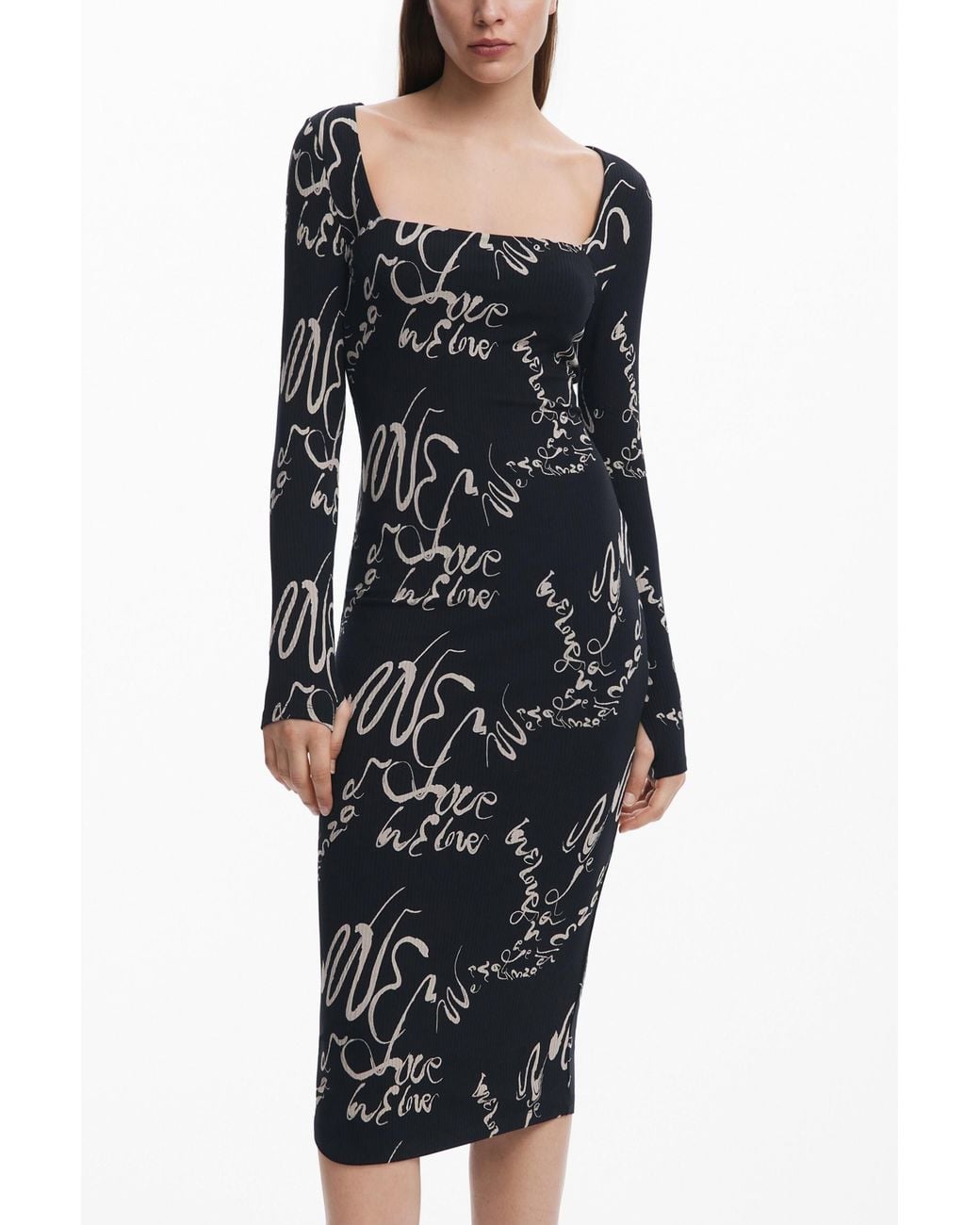 Desigual Black Square Neckline Dress Lettering, Viscose
