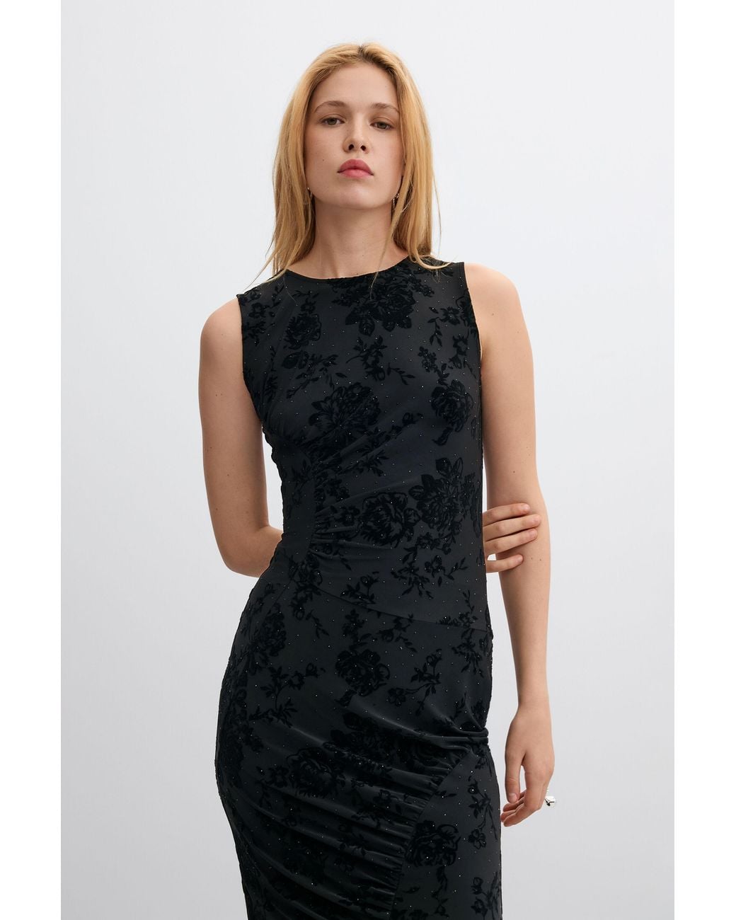 Desigual Black Midi Dress With Flocked Rhinestones, Polyester