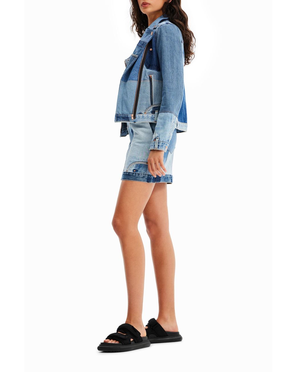 Desigual Blue Upcycled Denim Biker Jacket, Cotton