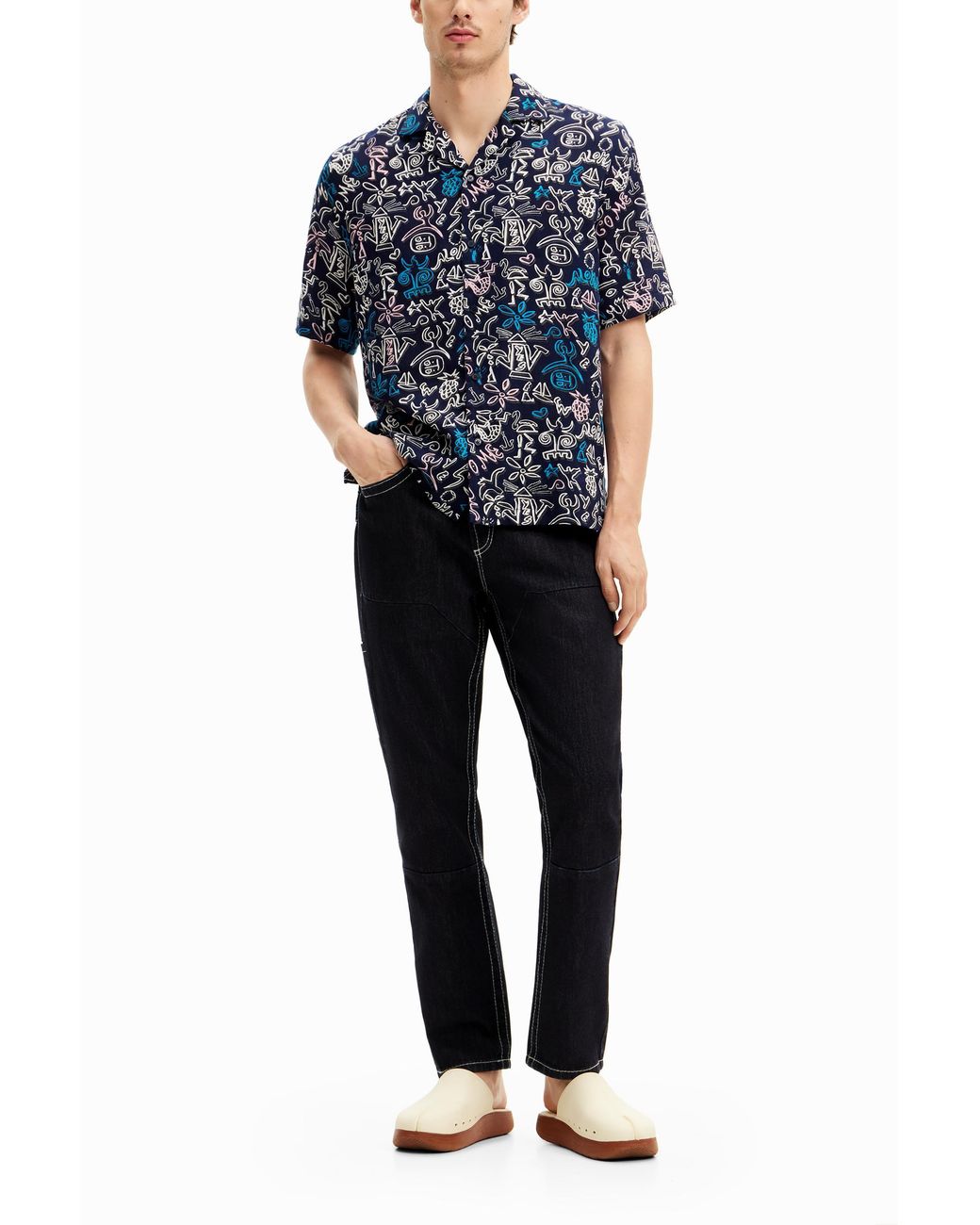 Desigual Blue Shirt With Contrasting Illustrations, Cotton for men