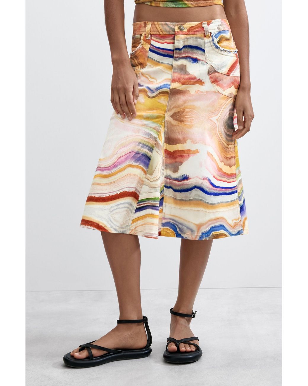 Desigual Yellow Printed Midi Skirt, Cotton