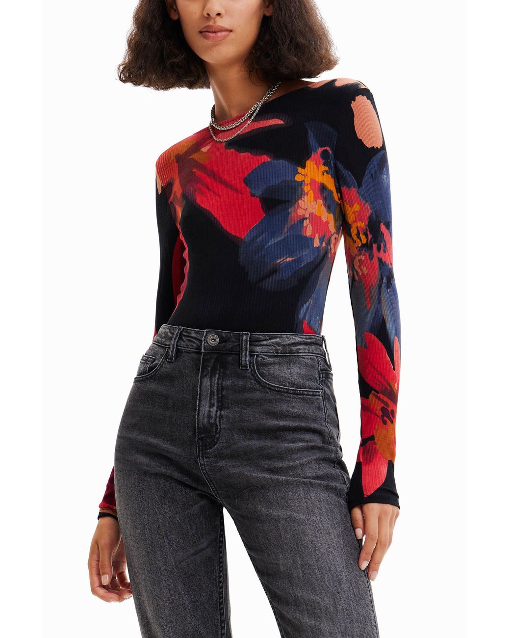 Desigual Red Floral Slim Body, Viscose