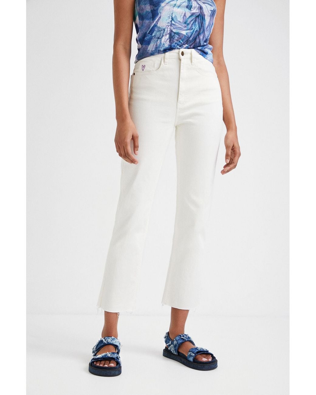 Desigual White Straight Cropped Jeans, Cotton