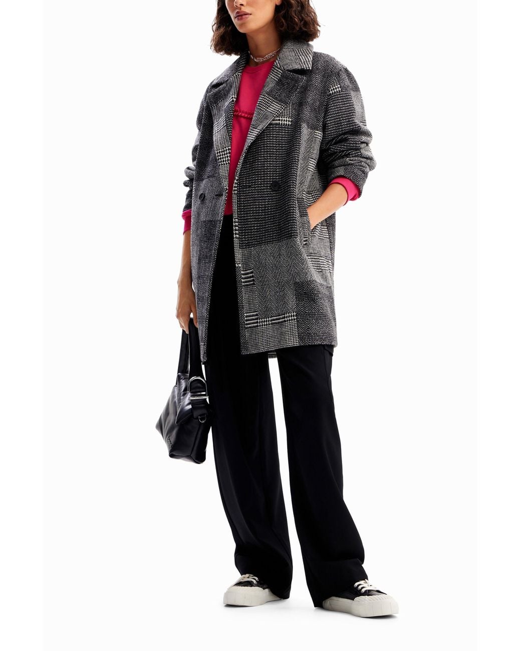 Desigual Gray Tailored Patchwork Wool Coat