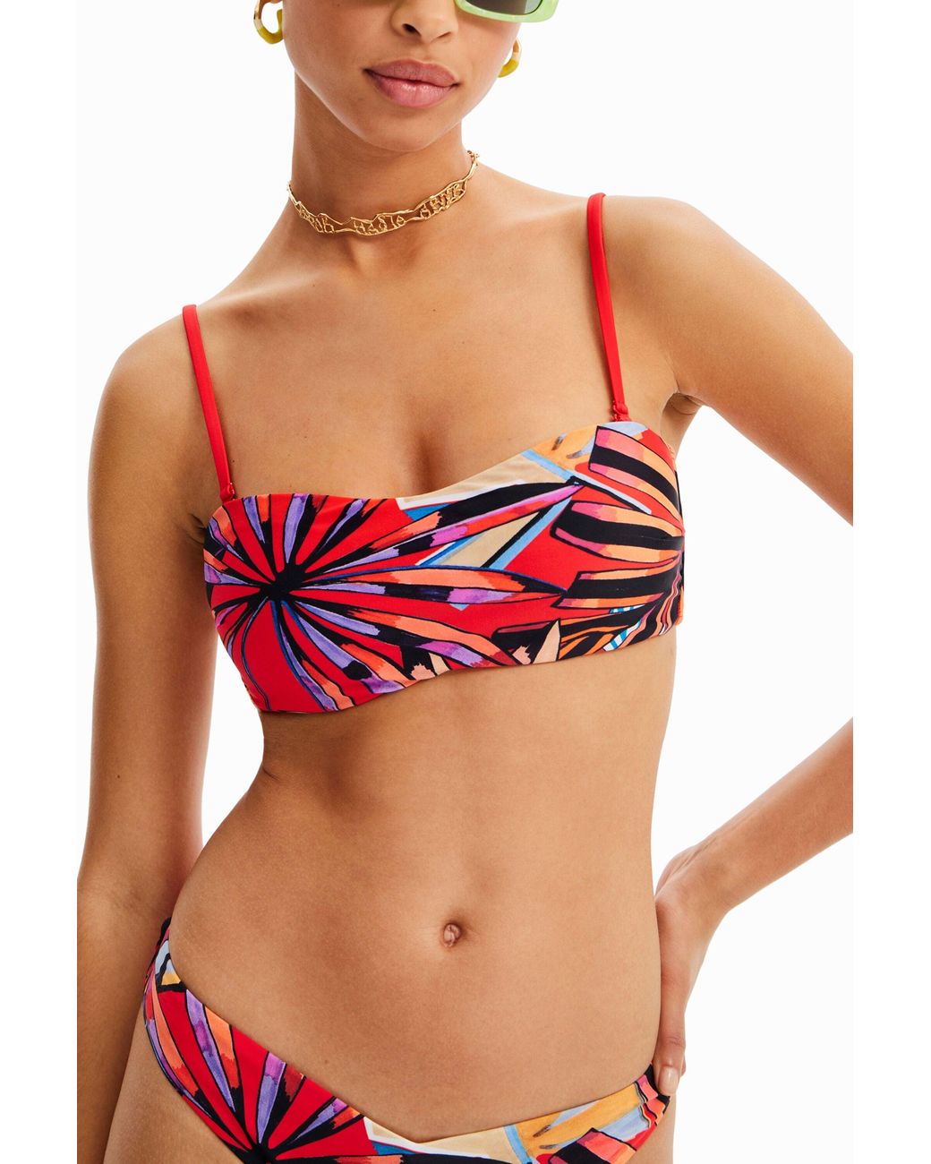 Desigual Red Tropical Bandeau Bikini Top