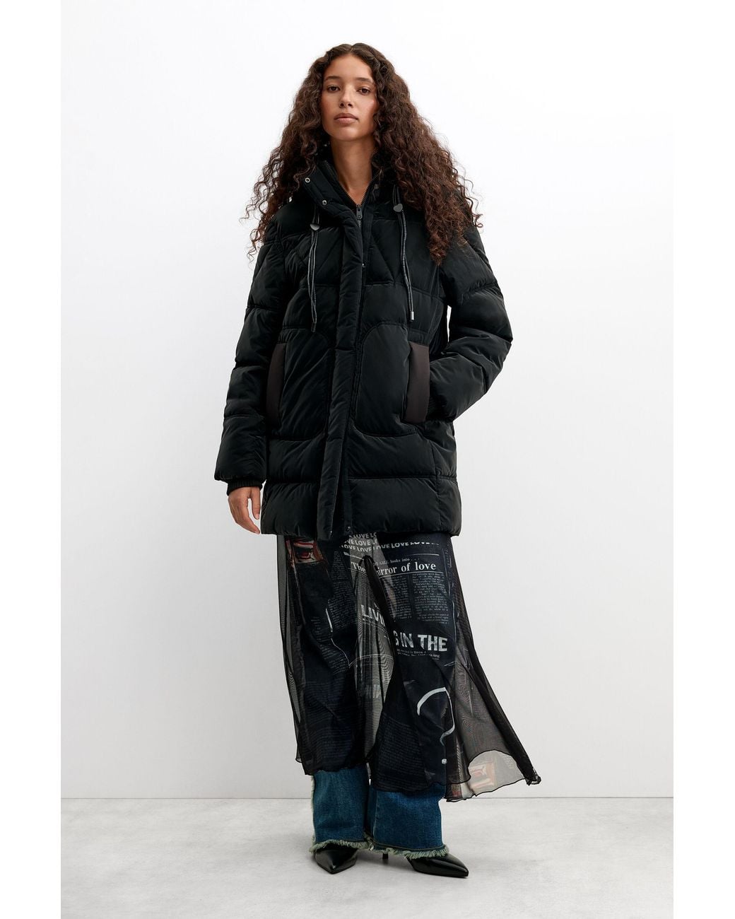 Desigual Black Long Padded Coat, Polyurethane