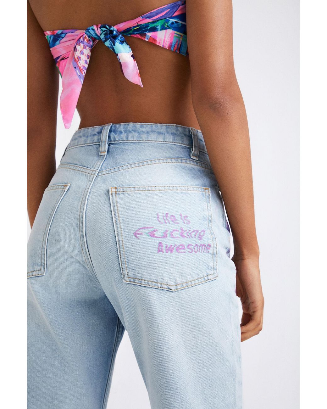 Desigual Blue Straight Cropped Jeans With Patches, Cotton