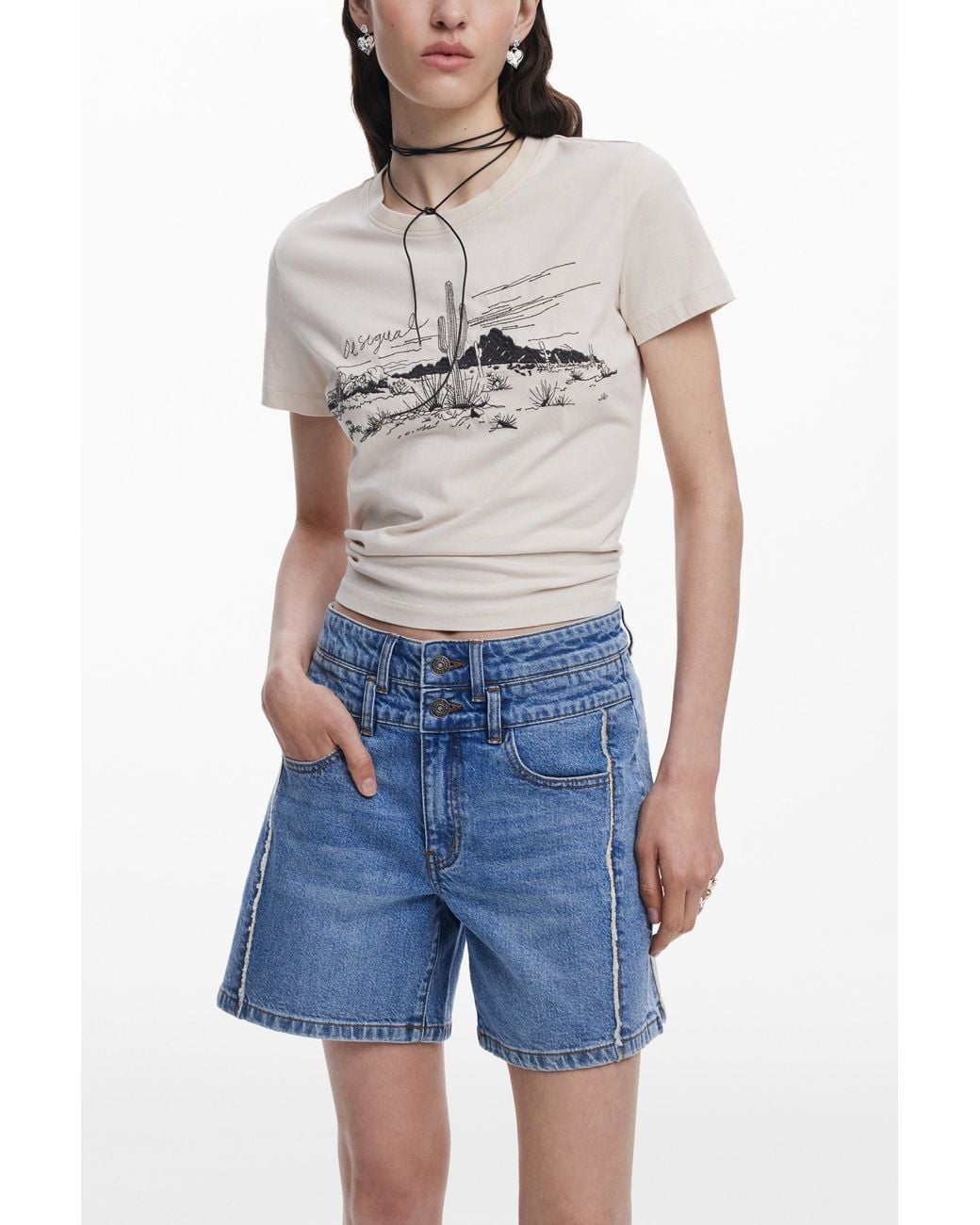 Desigual Blue Denim Bermuda Shorts With Stitching, Cotton