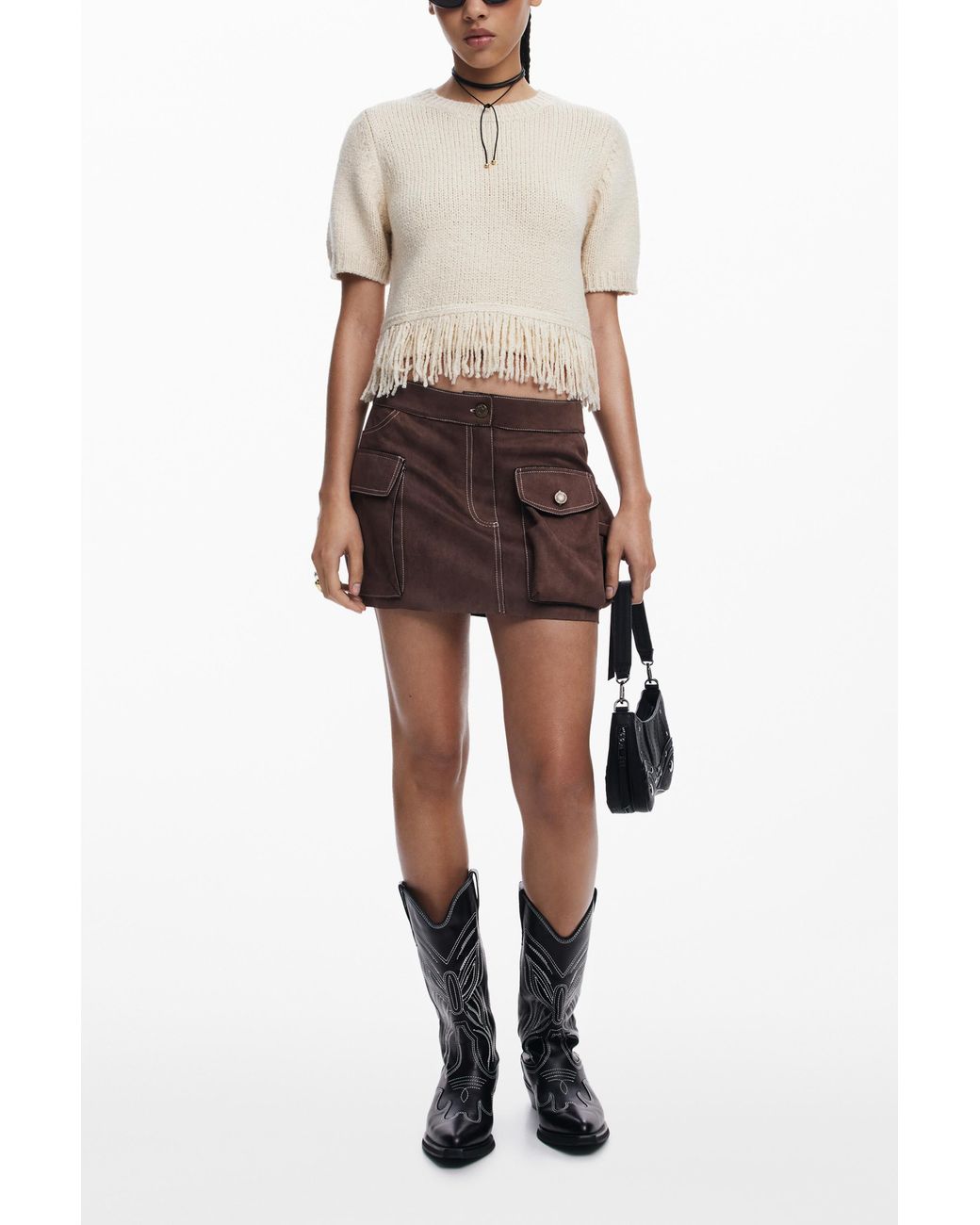 Desigual Natural Fringed Thick Knit T-Shirt