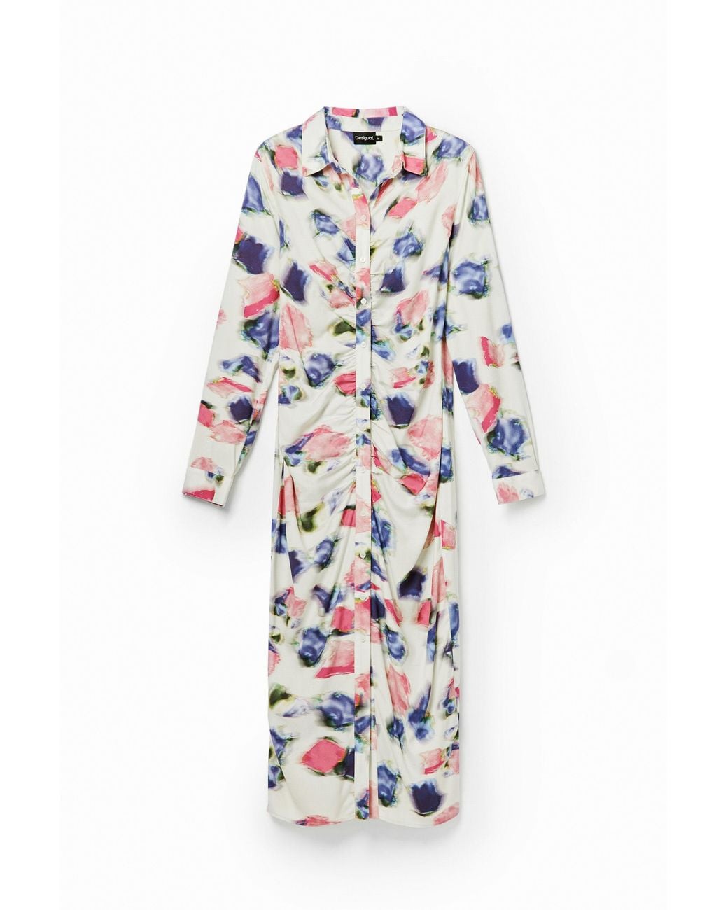 Desigual White Gathered Midi Shirt Dress, Viscose