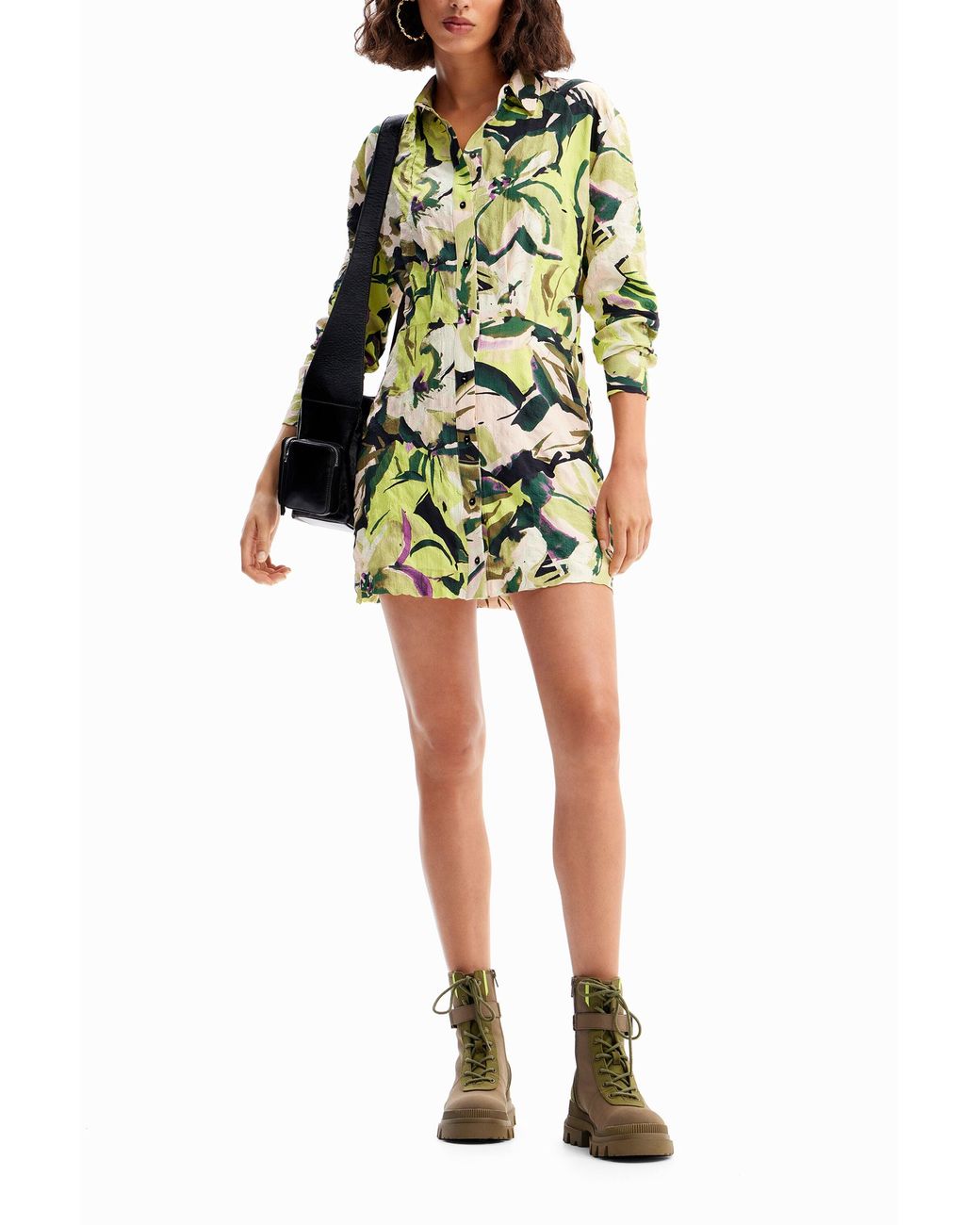 Desigual White Short Floral Shirt Dress, Polyester