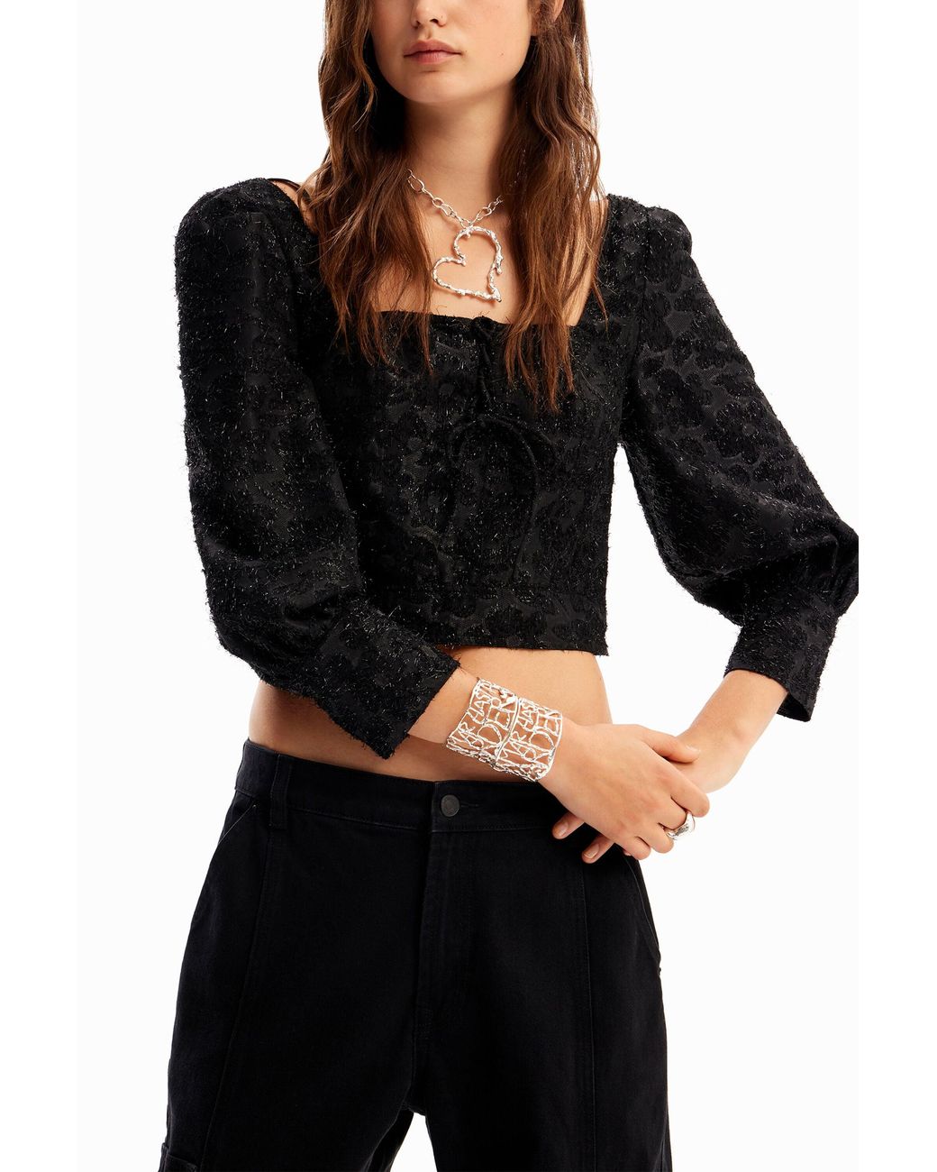 Desigual Black Short Glossy Corset Blouse, Polyester