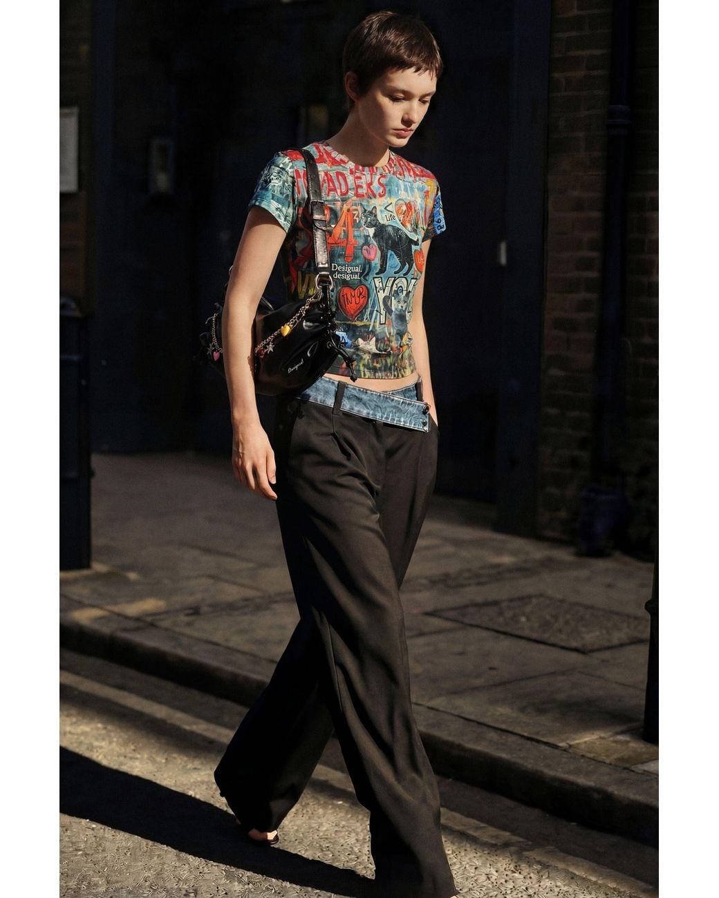 Desigual Blue Printed Cat T-Shirt, Cotton