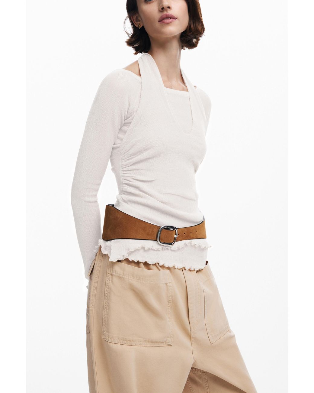 Desigual White Double Neckline T-Shirt, Polyester