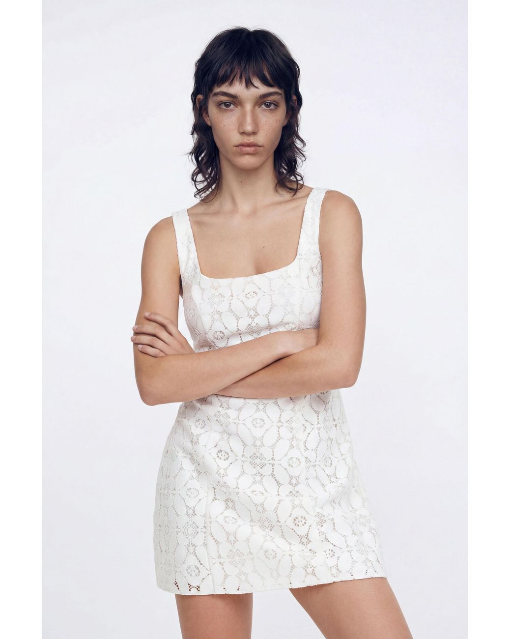 Desigual White Short Lace Dress, Polyester