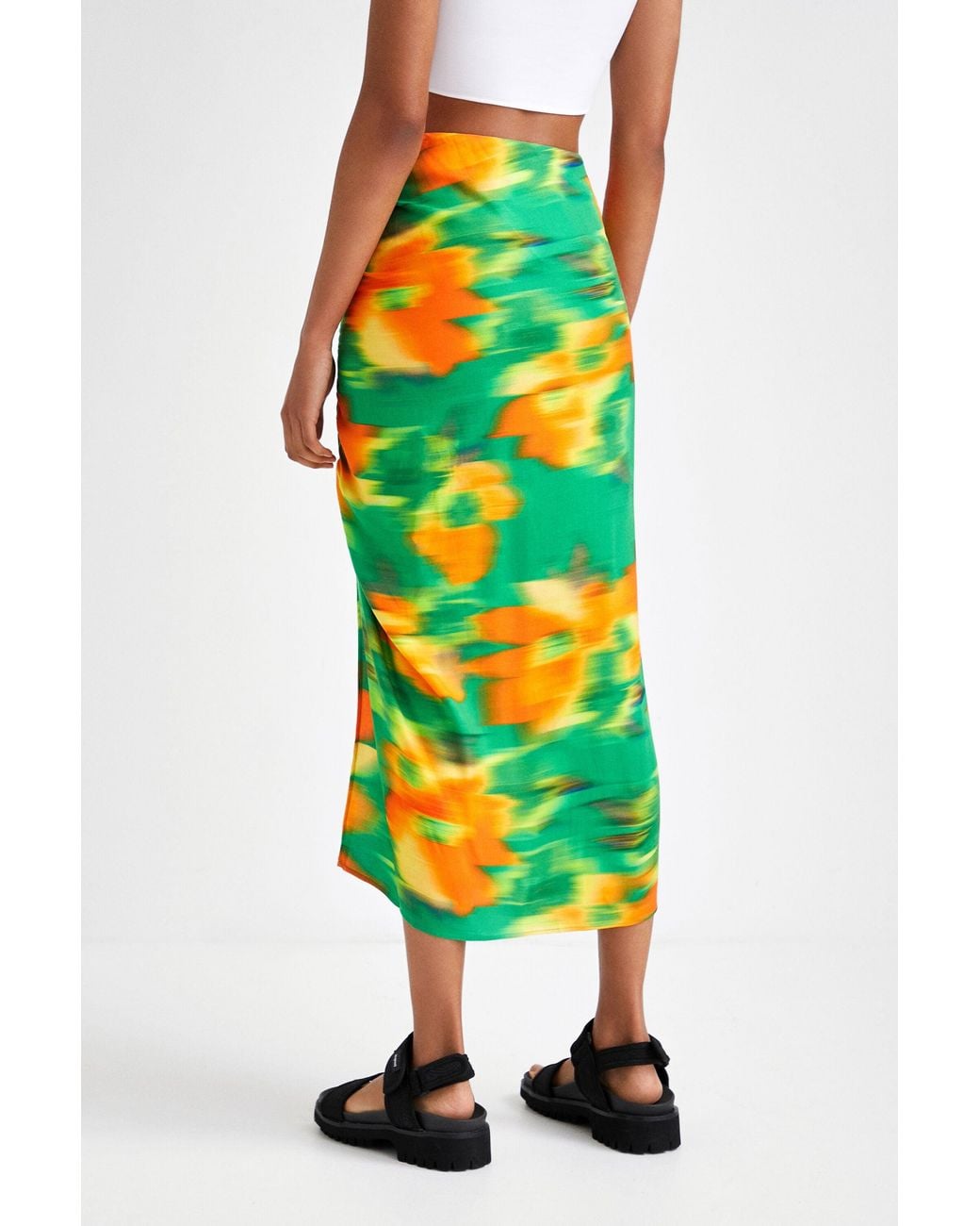 Desigual Green Slim Midi Skirt With Slit, Viscose