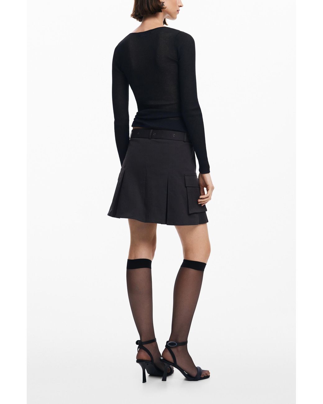 Desigual Black Pleated Skirt With Belt, Cotton