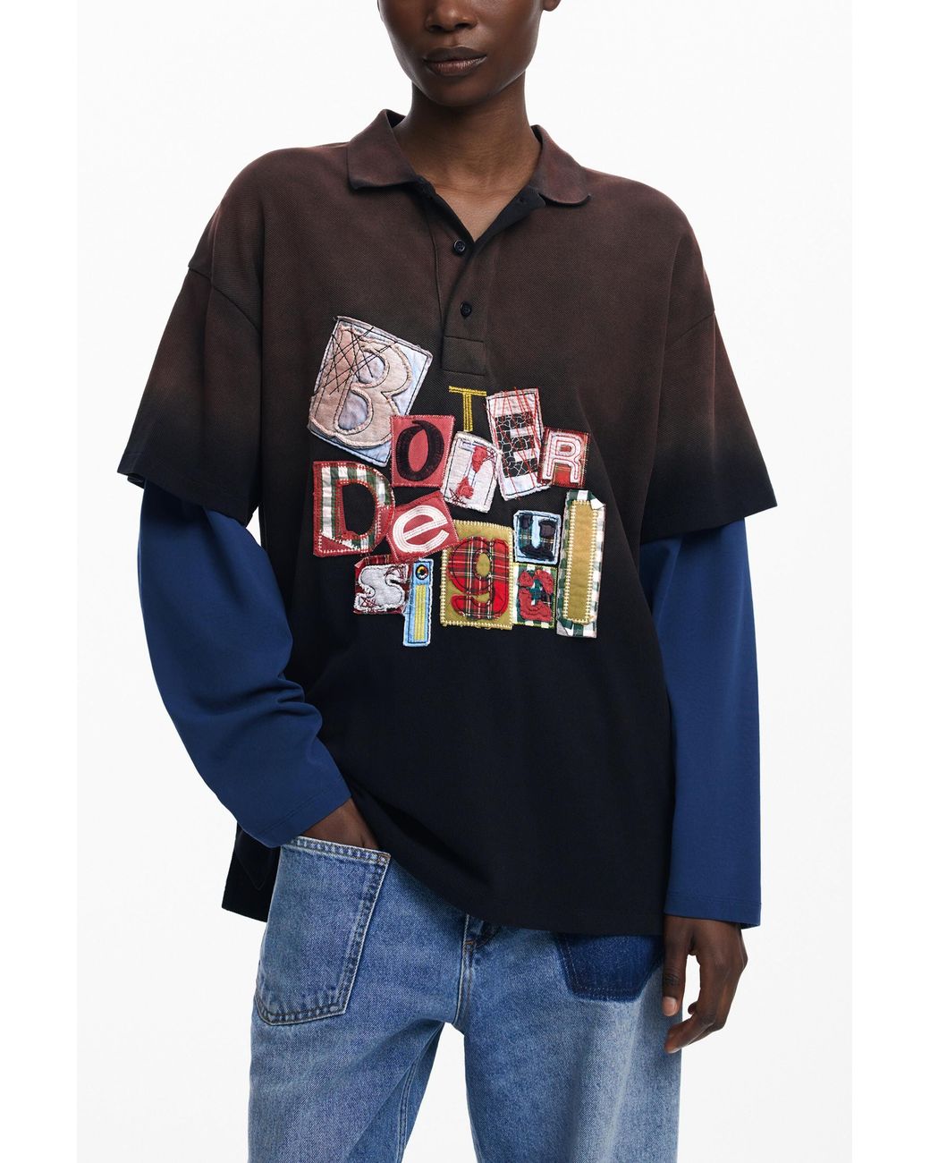Desigual Blue Double-Sleeve Patch T-Shirt Botter, Cotton