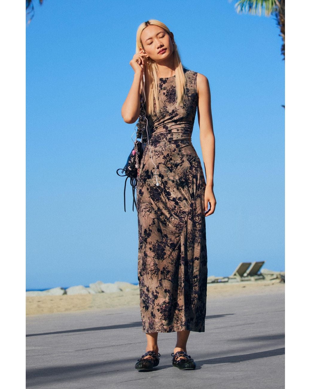 Desigual Black Flocked Long Dress, Polyester
