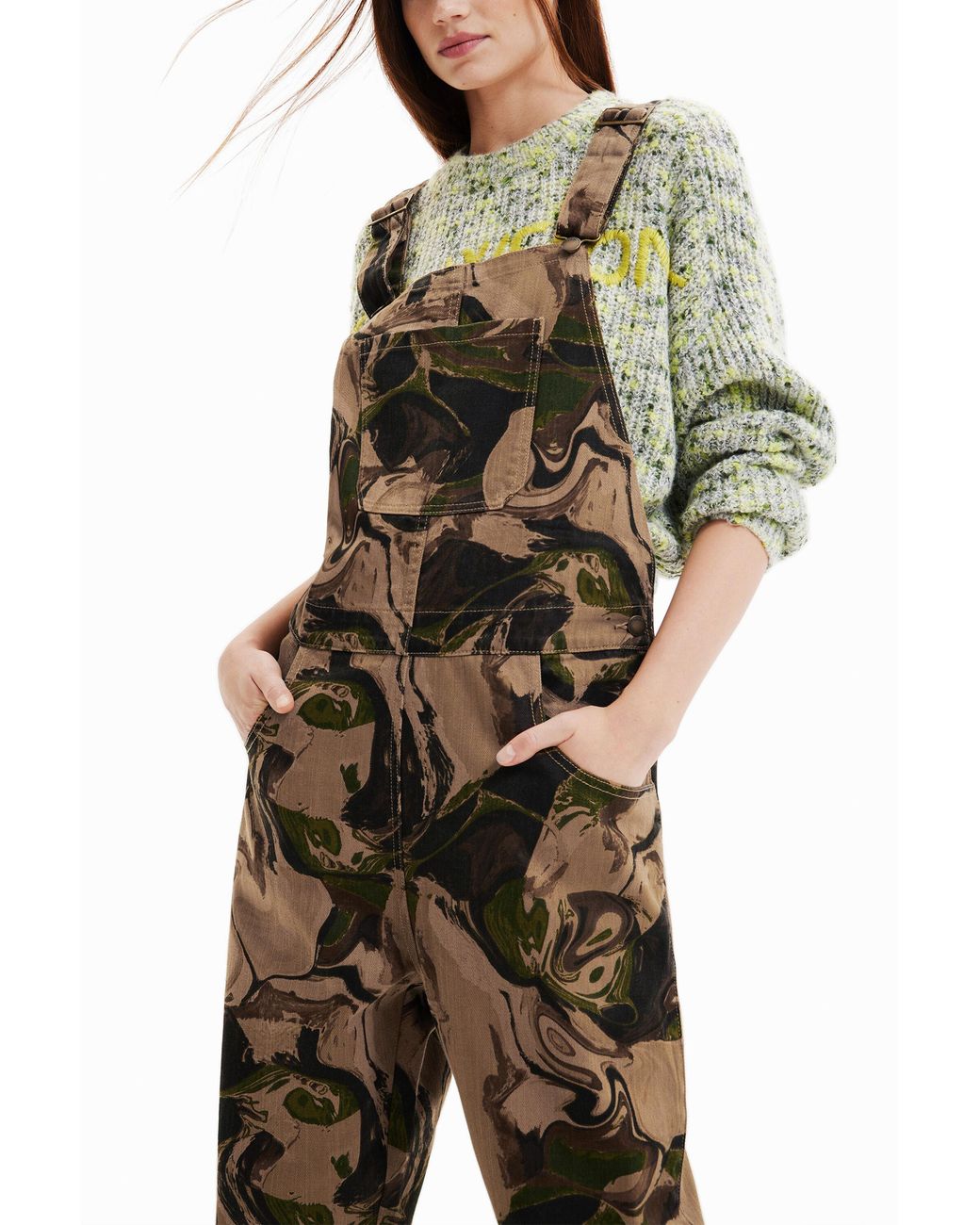 Desigual Brown Psychedelic Camouflage Dungarees, Cotton