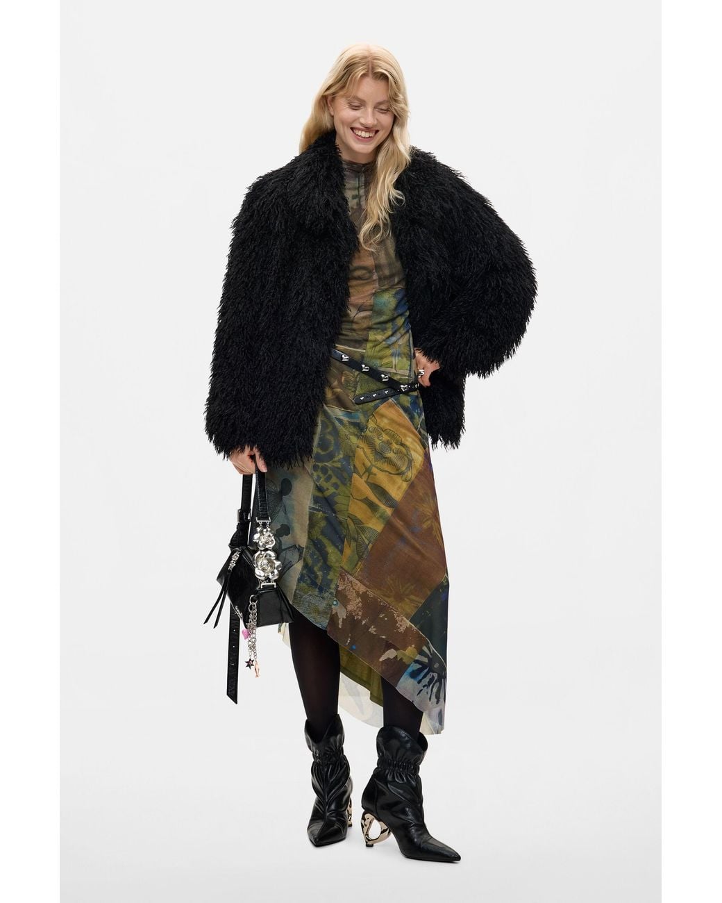 Desigual Black Synthetic Fur Coat, Polyester