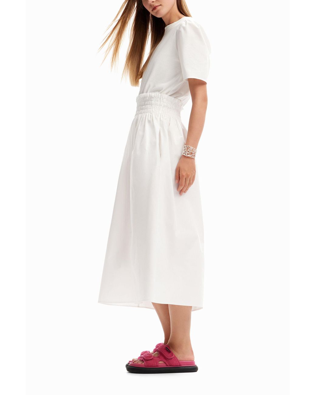 Desigual White Plain Combination Midi Dress, Cotton