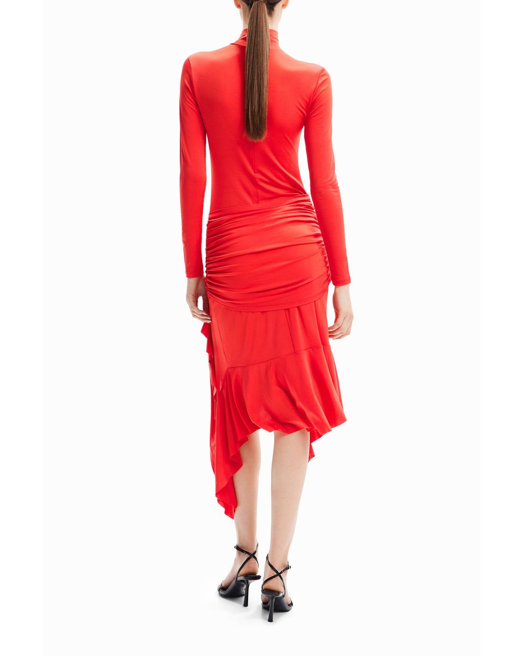 Desigual Red María Escoté Ruffled Slit Dress, Acetate