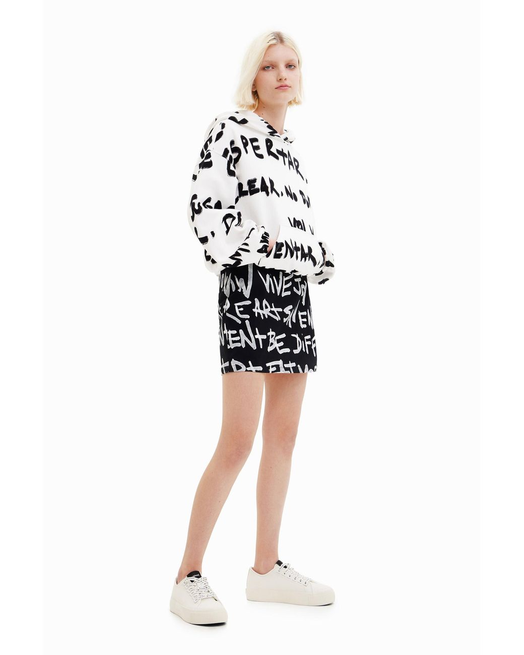 Desigual Black Slim Mini Skirt With Text, Cotton