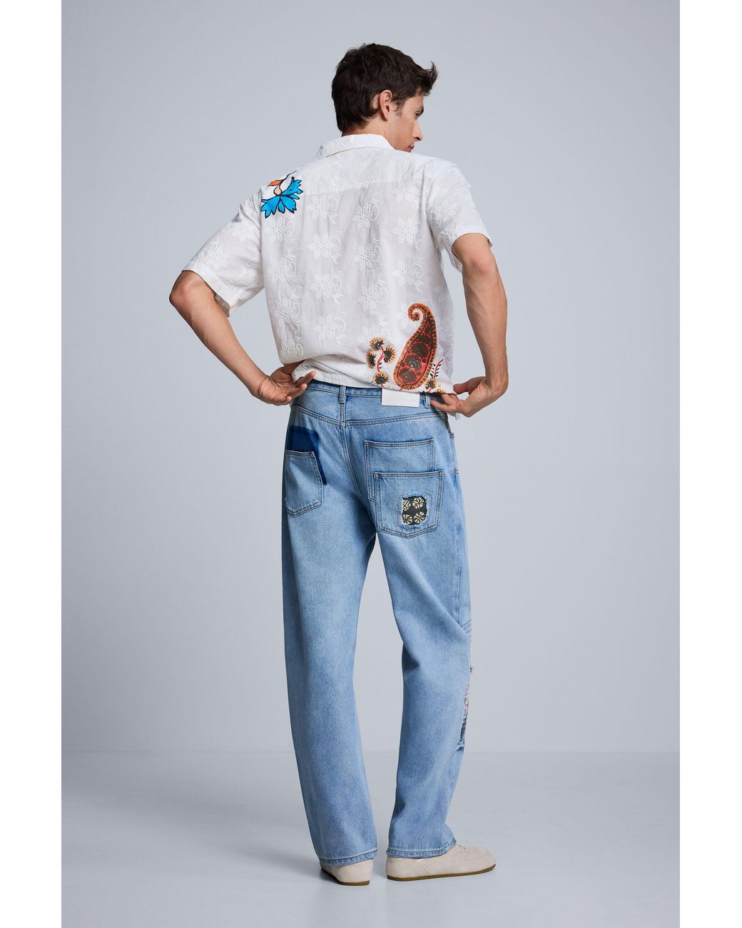 Desigual Blue Straight Printed Jeans, Cotton for men