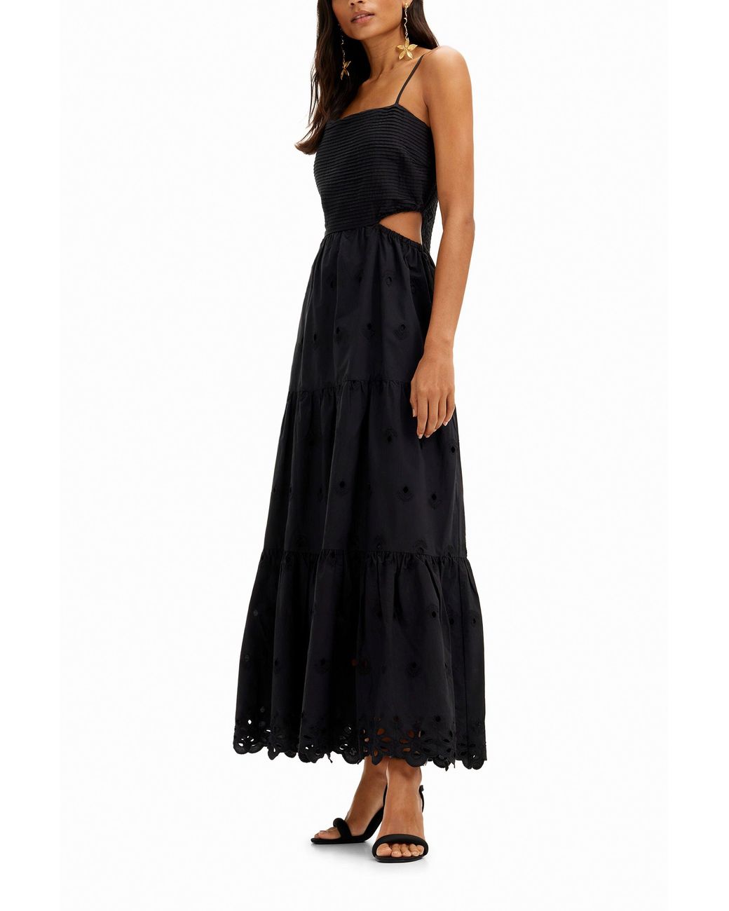 Desigual Black Long Embroidered Cut-Out Dress, Cotton