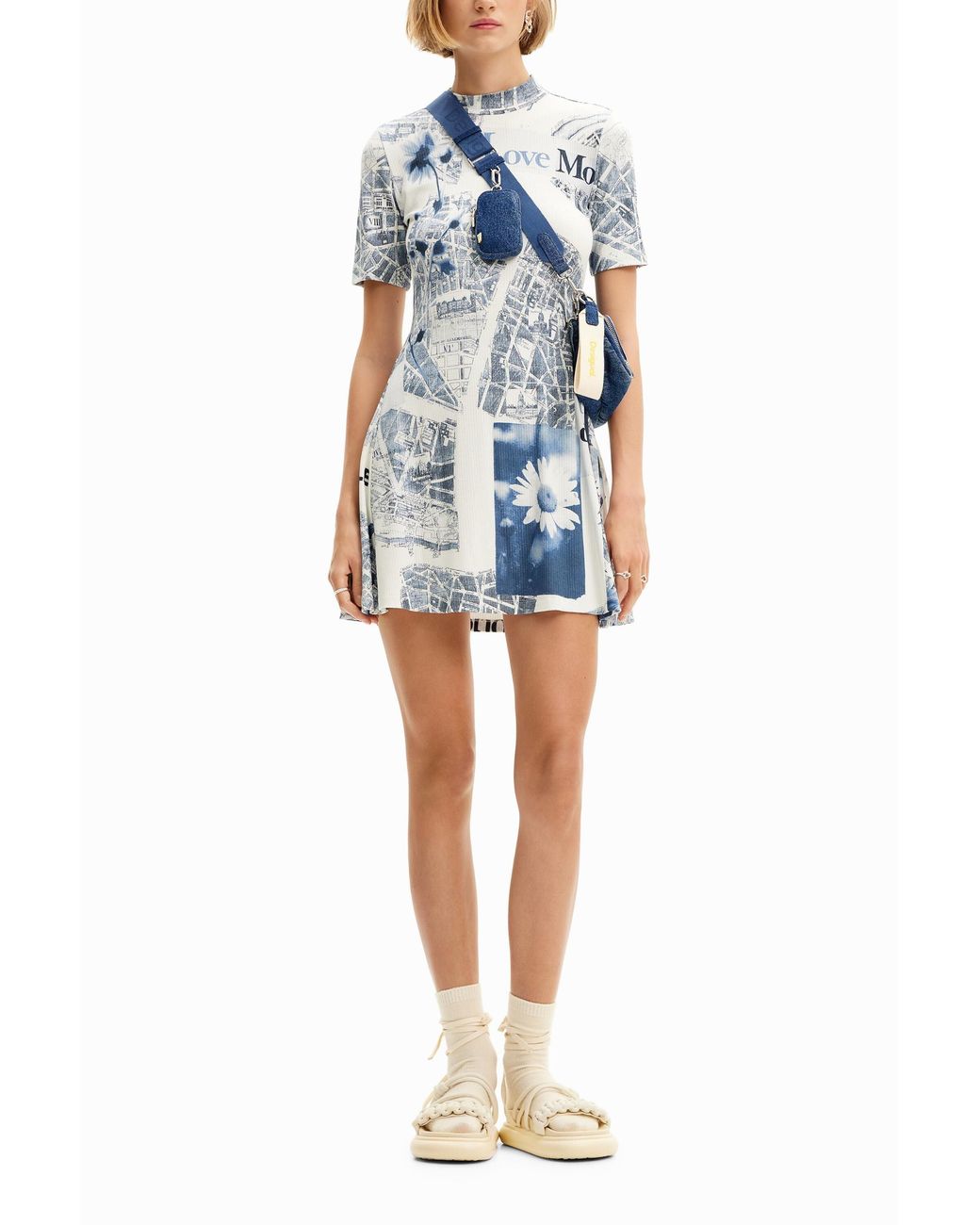 Desigual Blue Short Map Skater Dress, Viscose