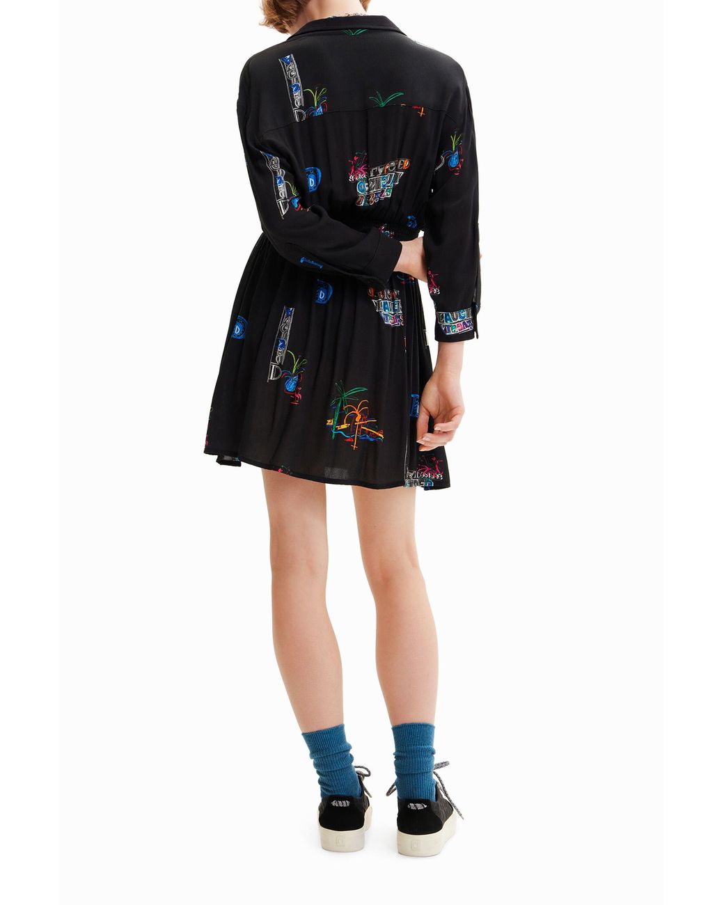 Desigual Black Short Illustration Shirt Dress, Viscose