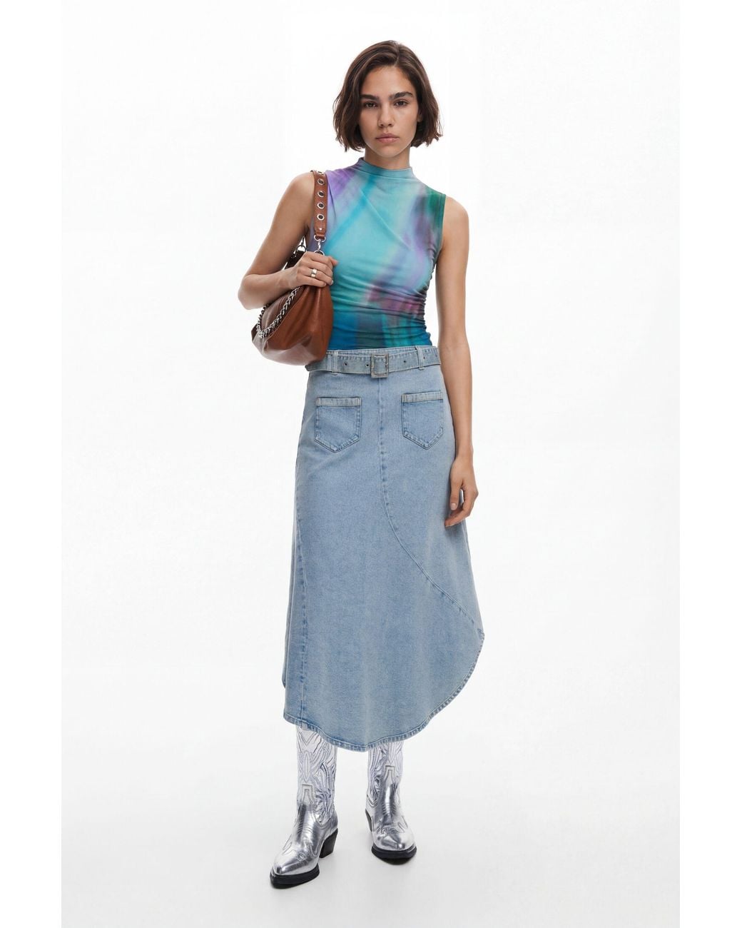 Desigual Blue Asymmetric Denim Skirt, Cotton