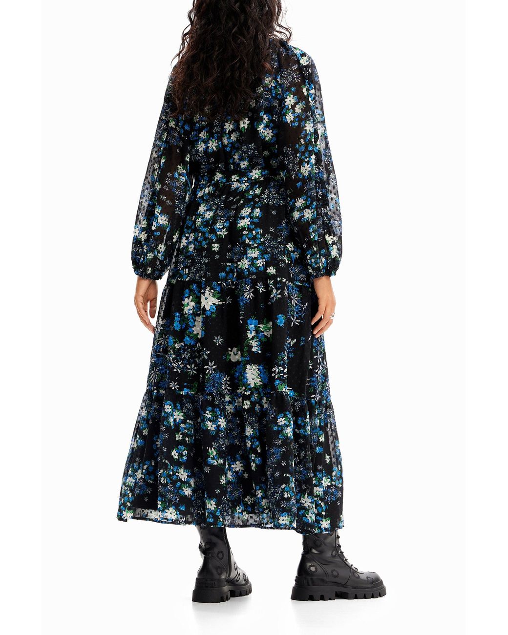 Desigual Black Floral Plumetis Midi Dress, Polyester