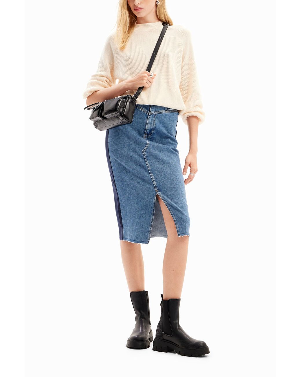 Desigual Blue Banded Denim Midi Skirt, Cotton