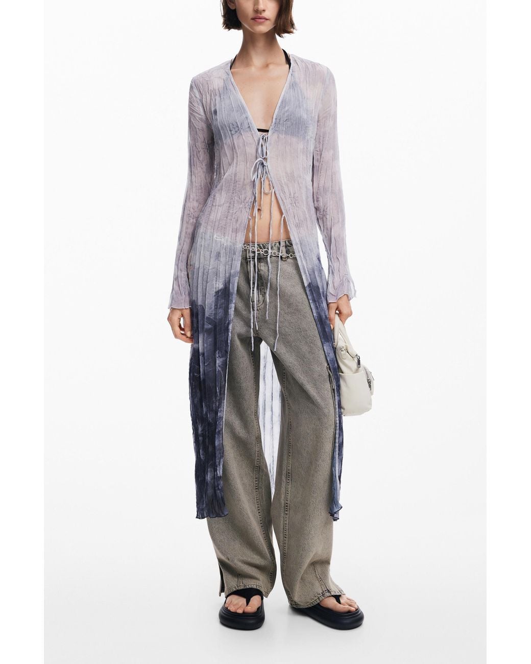 Desigual Gray V-Neck Blouse With Ruffles, Polyester