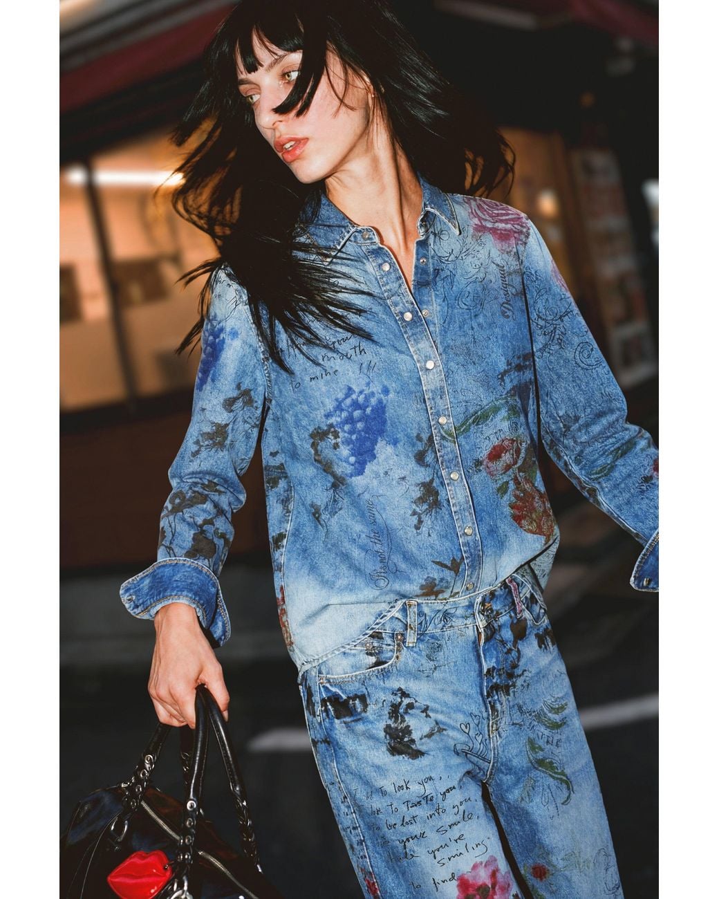 Desigual Blue Printed Straight Jeans, Cotton